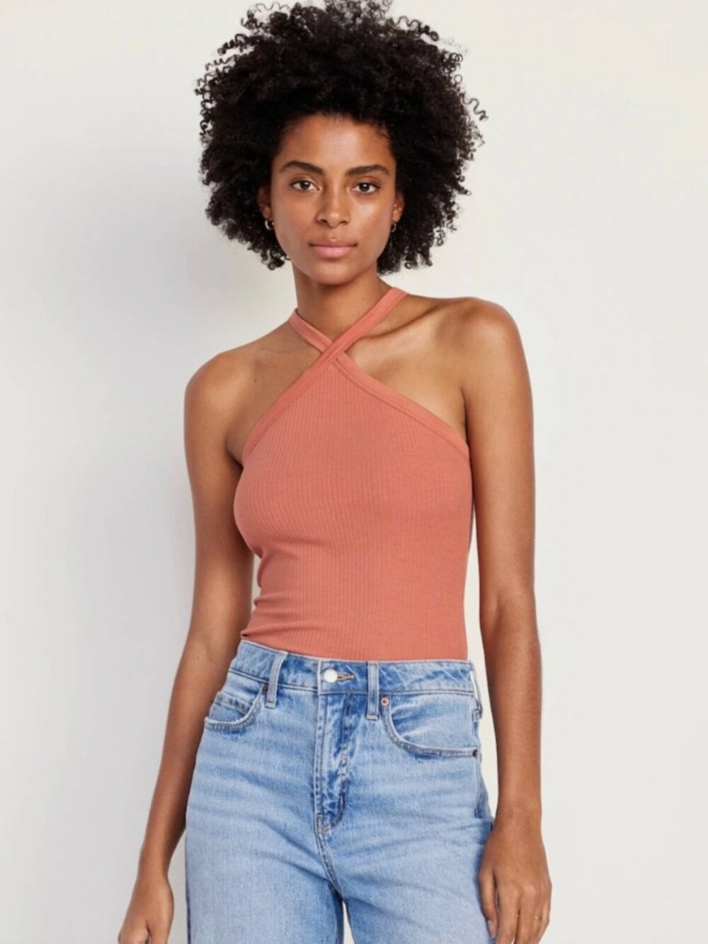 Old Navy Women’s Fitted Rib-Knit Halter Tank Top in Amberglow, Size S, Shelf Bra